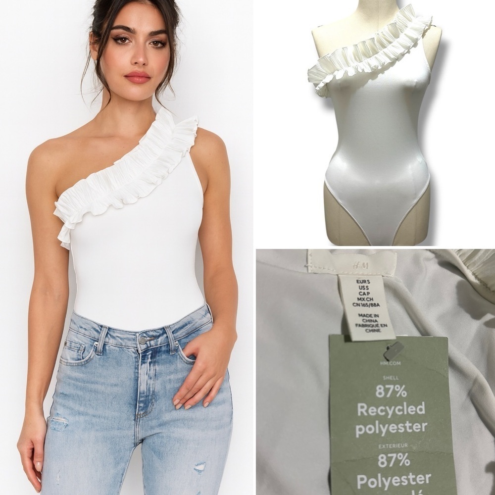 410 H&M | NWT White One-Shoulder Ruffle Bodysuit (Size S)